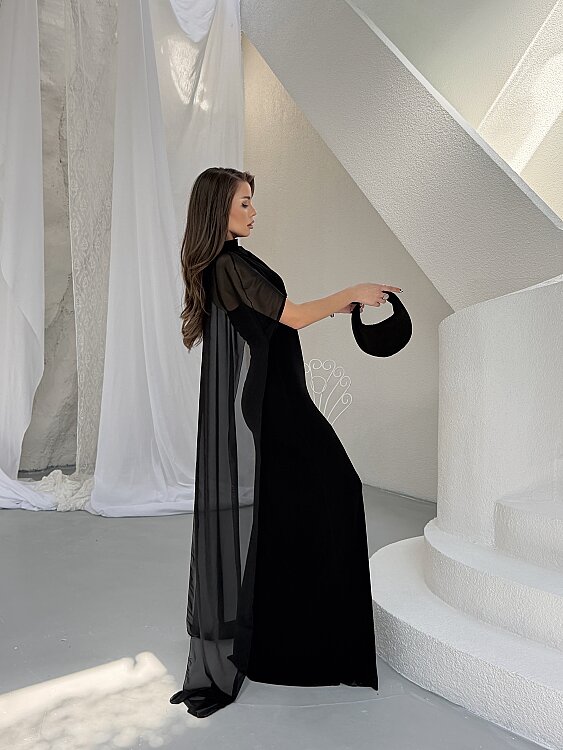 Maud Pelerin Detay Maxi Elbise - Siyah - 4