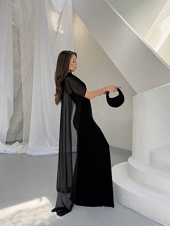 Maud Pelerin Detay Maxi Elbise - Siyah - 4