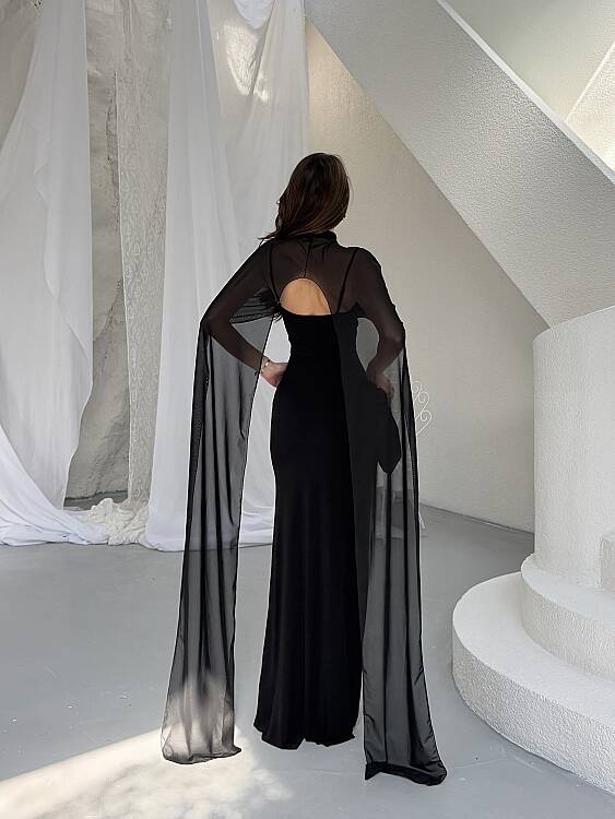 Maud Pelerin Detay Maxi Elbise - Siyah - 5