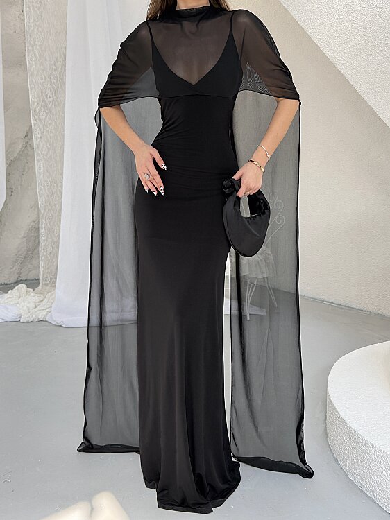 Maud Pelerin Detay Maxi Elbise - Siyah - 6