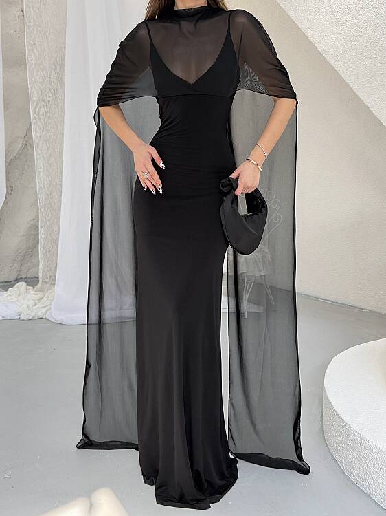 Maud Pelerin Detay Maxi Elbise - Siyah - 6