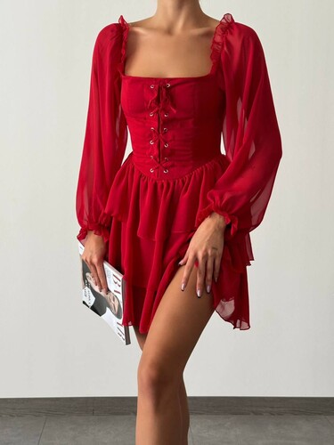 Mira Şifon Elbise- Kırmızı - Thumbnail