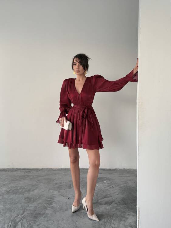 Mirelle Mini Elbise - Bordo - 1