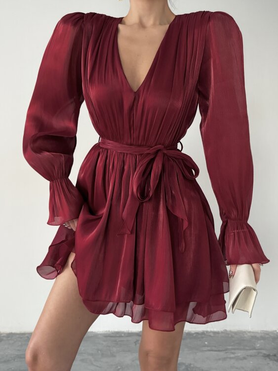 Mirelle Mini Elbise - Bordo - 3