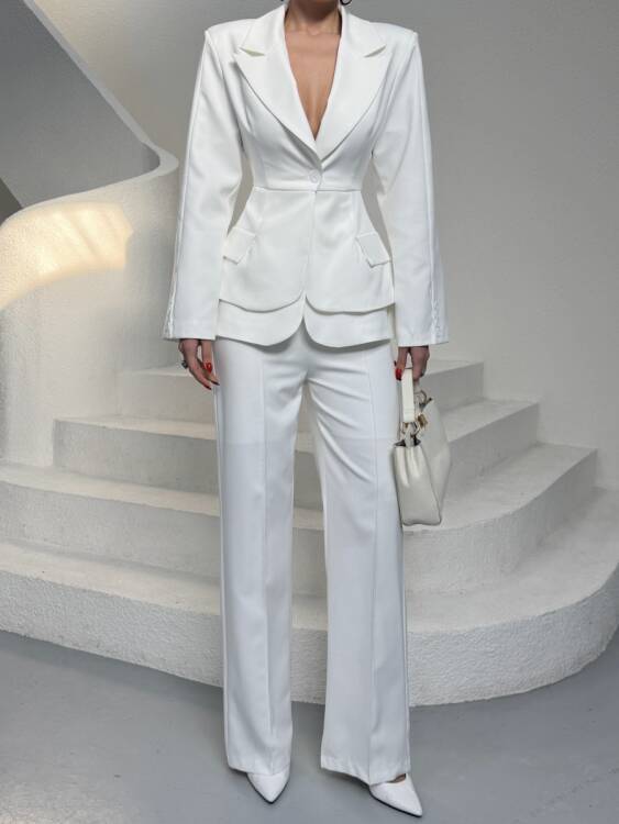 Mono Ceket Pantolon Takım - Beyaz - 4