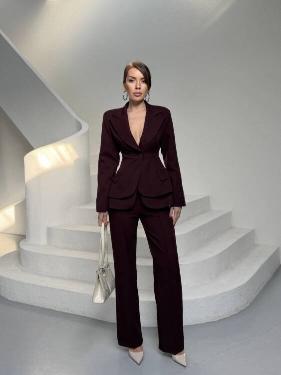 Mono Ceket Pantolon Takım - Bordo - 1