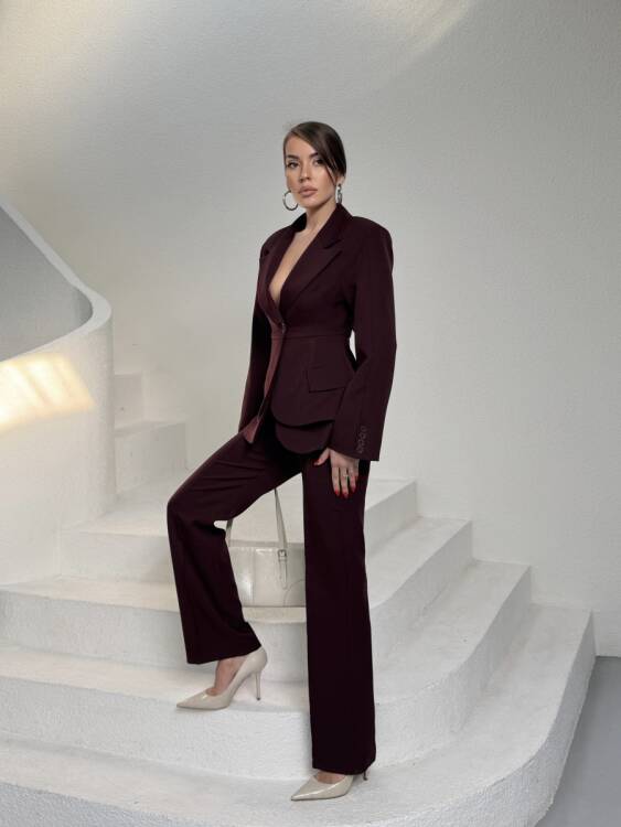 Mono Ceket Pantolon Takım - Bordo - 5
