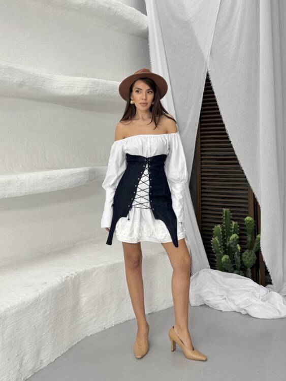 Ners Korseli Elbise - Lacivert - 1