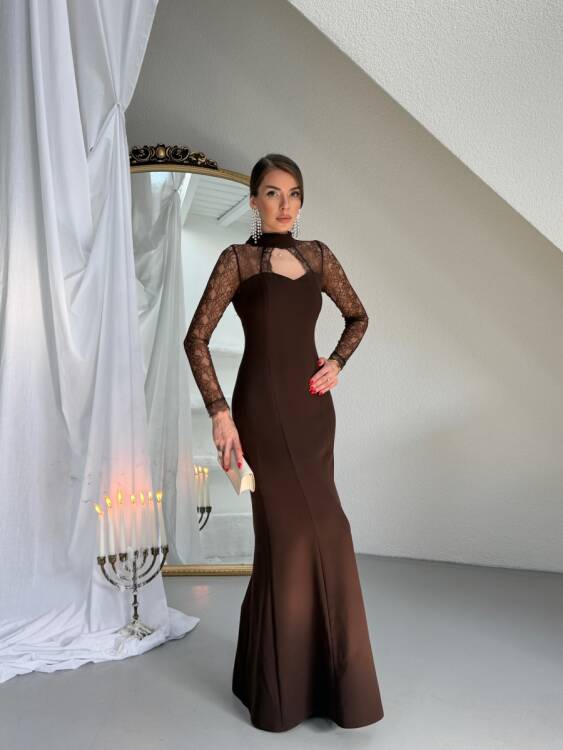 Noir Dantel Kol Maxi Elbise - Acı Kahve - 2