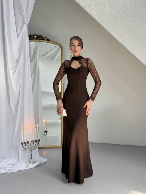 Noir Dantel Kol Maxi Elbise - Acı Kahve - Sevenday