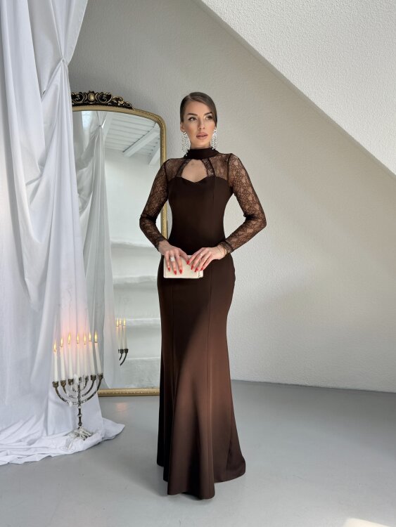 Noir Dantel Kol Maxi Elbise - Acı Kahve - 3