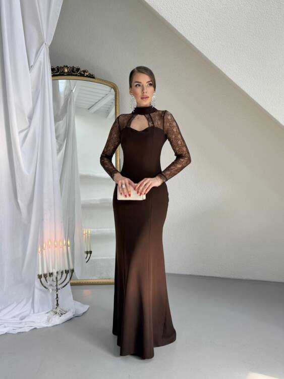 Noir Dantel Kol Maxi Elbise - Acı Kahve - 3