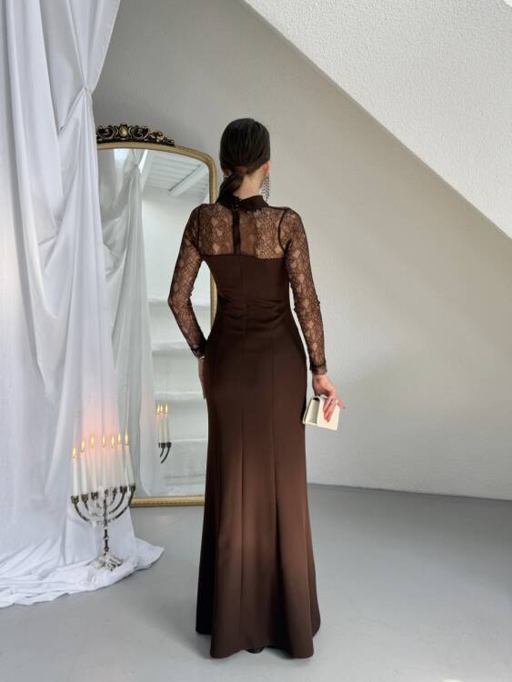 Noir Dantel Kol Maxi Elbise - Acı Kahve - 4