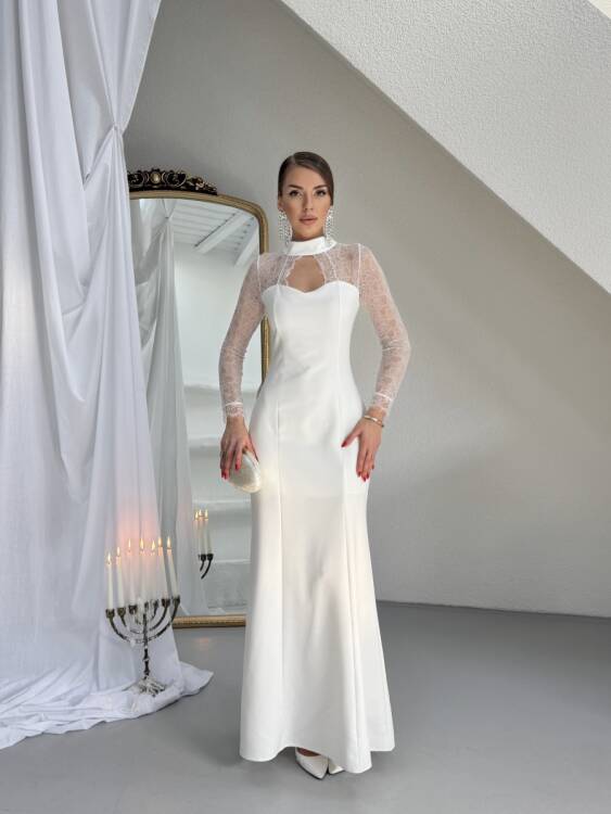 Noir Dantel Kol Maxi Elbise - Beyaz - 1