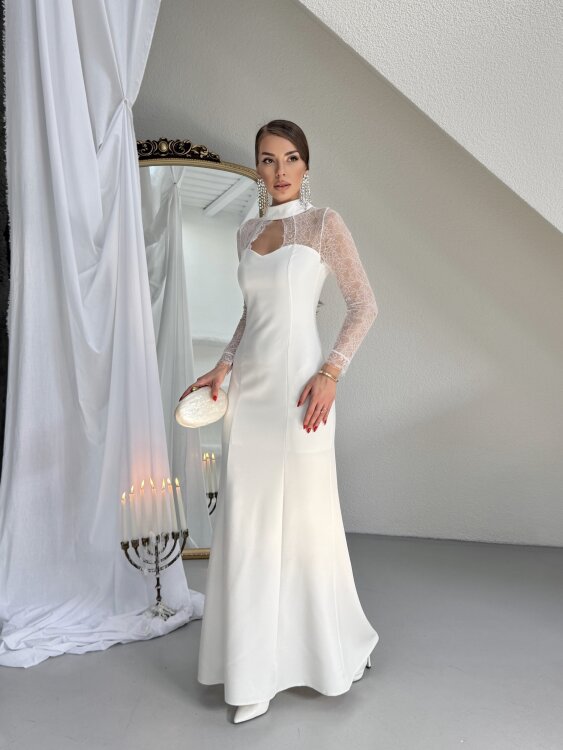 Noir Dantel Kol Maxi Elbise - Beyaz - 3