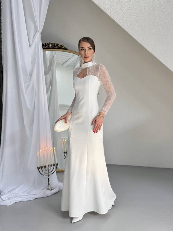 Noir Dantel Kol Maxi Elbise - Beyaz - 3