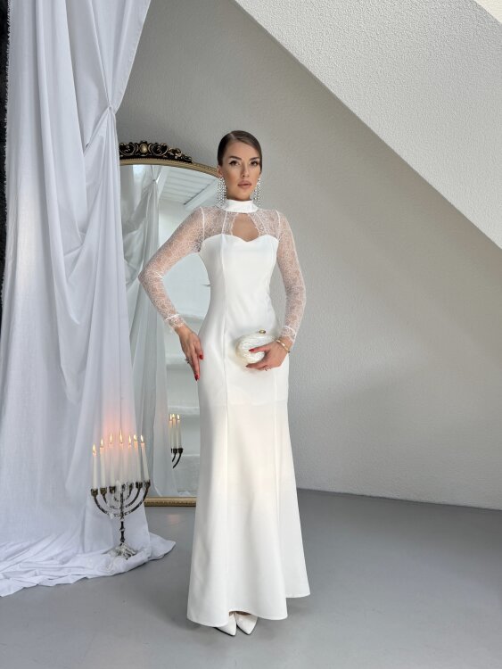 Noir Dantel Kol Maxi Elbise - Beyaz - 4