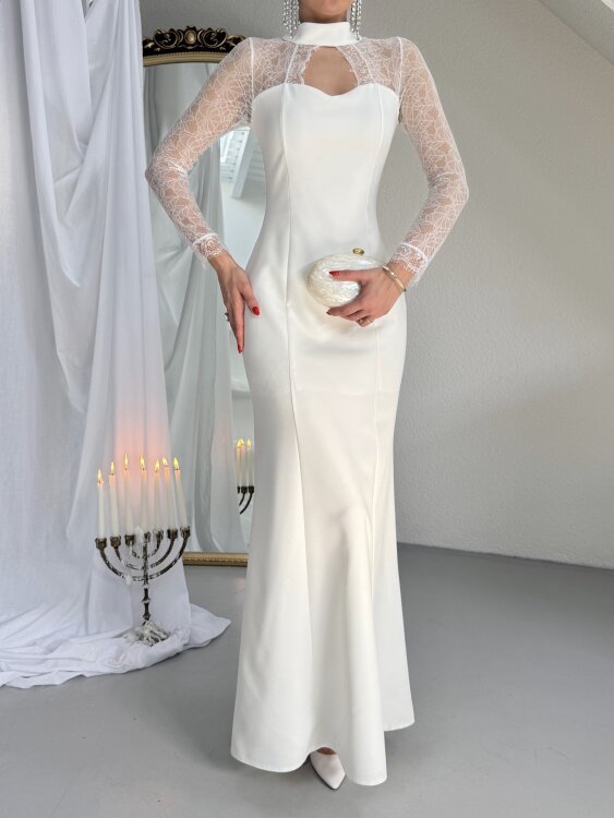 Noir Dantel Kol Maxi Elbise - Beyaz - 5