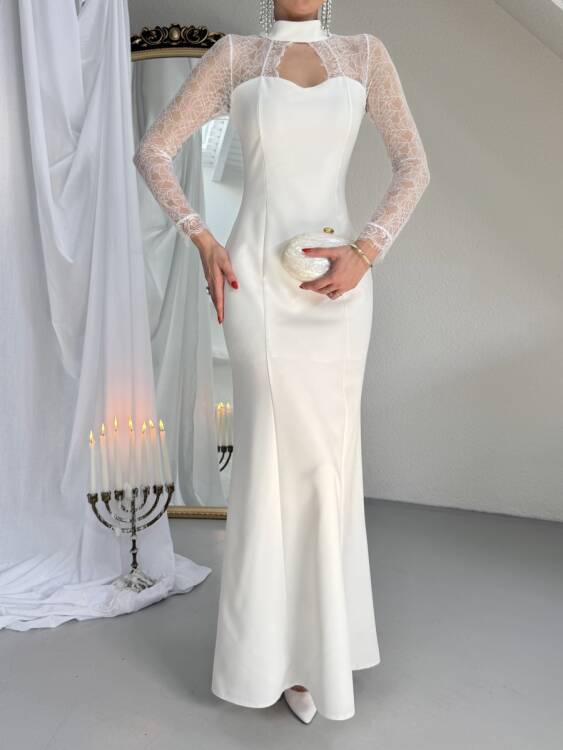 Noir Dantel Kol Maxi Elbise - Beyaz - 5