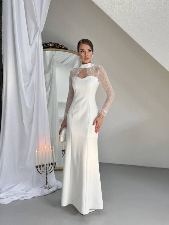 Noir Dantel Kol Maxi Elbise - Beyaz - 6