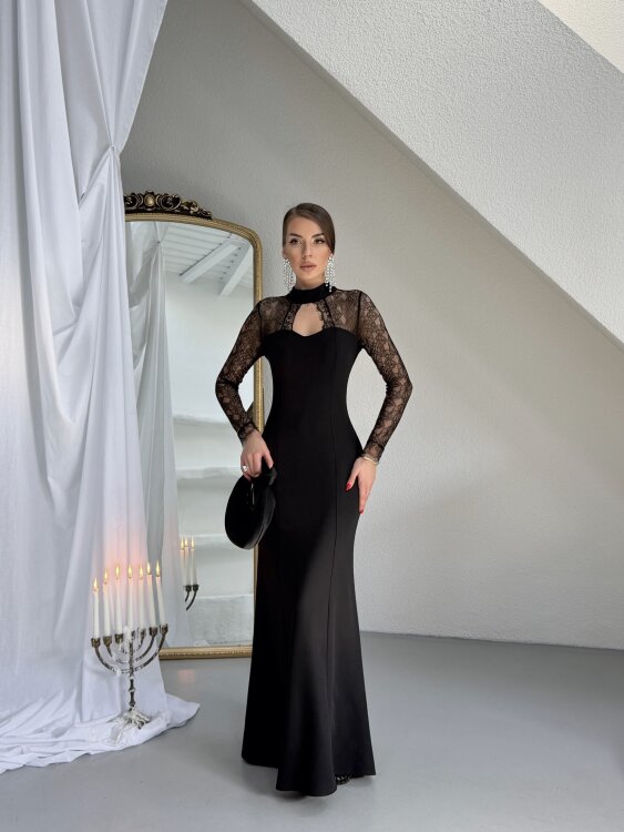 Noir Dantel Kol Maxi Elbise - Siyah - Sevenday
