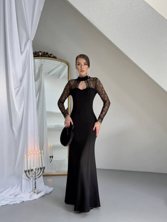 Noir Dantel Kol Maxi Elbise - Siyah - 1