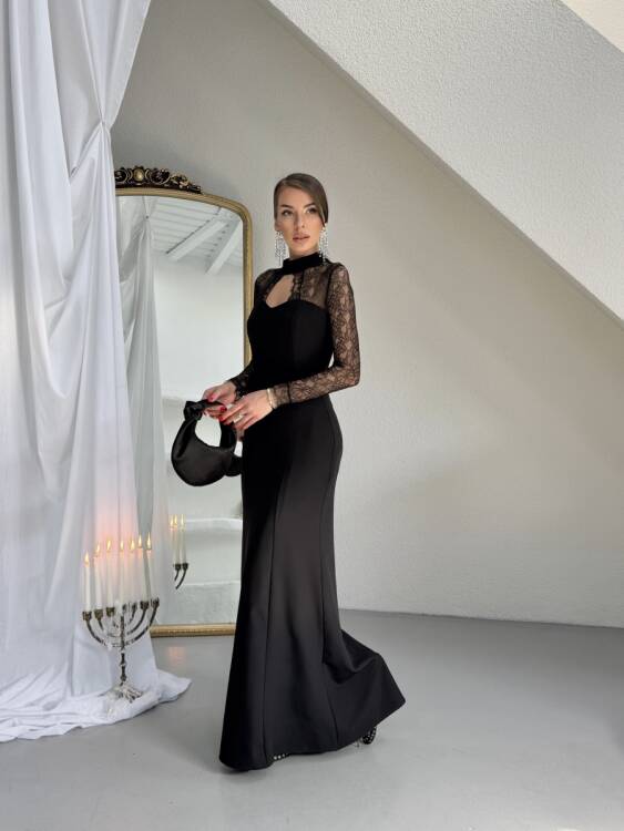 Noir Dantel Kol Maxi Elbise - Siyah - 3