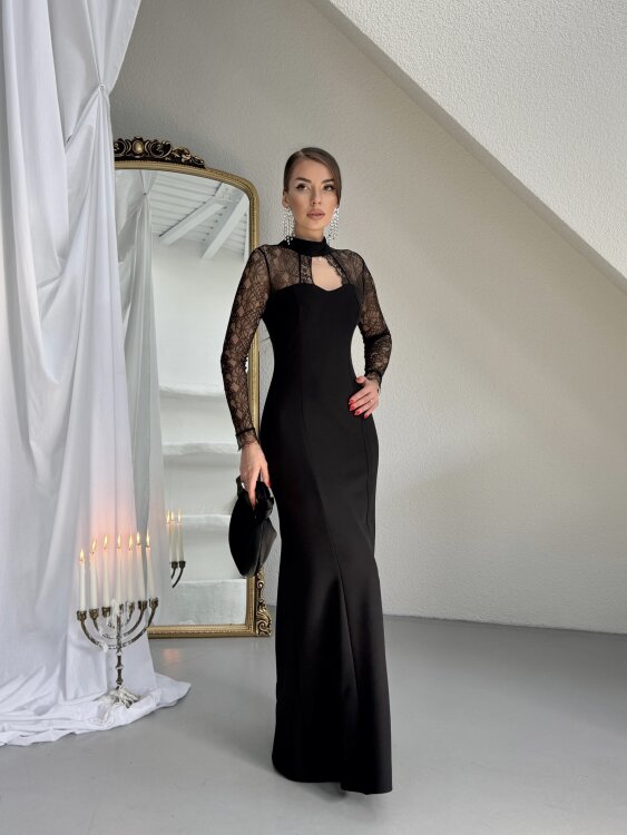 Noir Dantel Kol Maxi Elbise - Siyah - 4