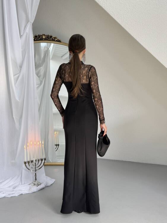 Noir Dantel Kol Maxi Elbise - Siyah - 5