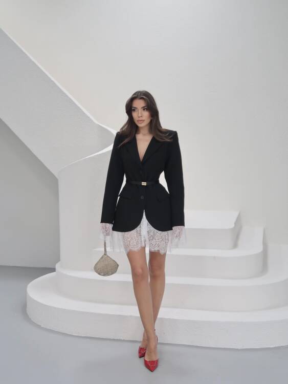 Odette Tül Detaylı Ceket Elbise - Siyah - 1