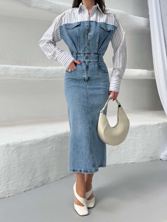 Pauline Midi Elbise - Denim - 2