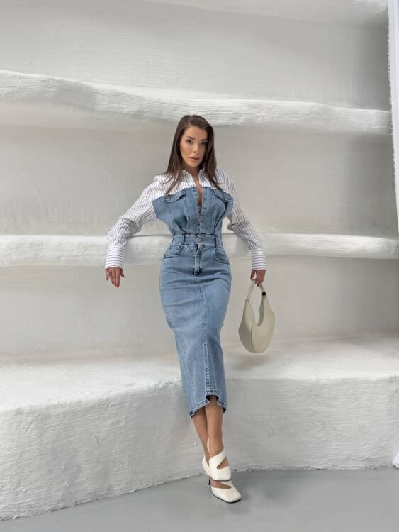 Pauline Midi Elbise - Denim - 4
