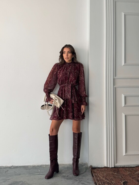 Pita Şifon Elbise - Bordo - 3