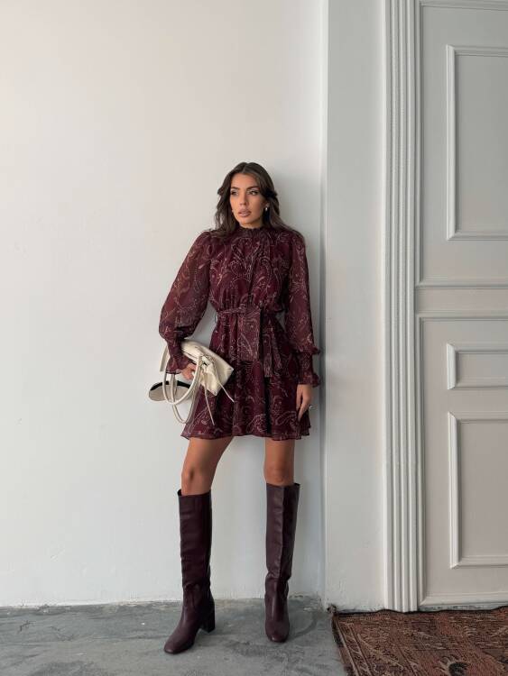 Pita Şifon Elbise - Bordo - 3