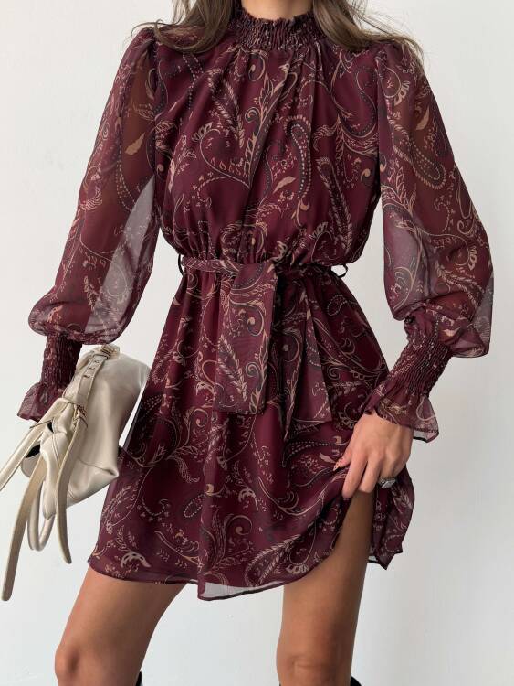 Pita Şifon Elbise - Bordo - 4