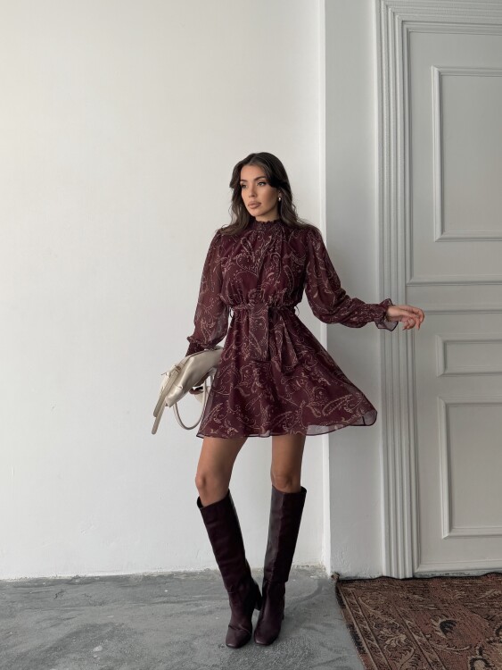 Pita Şifon Elbise - Bordo - 5