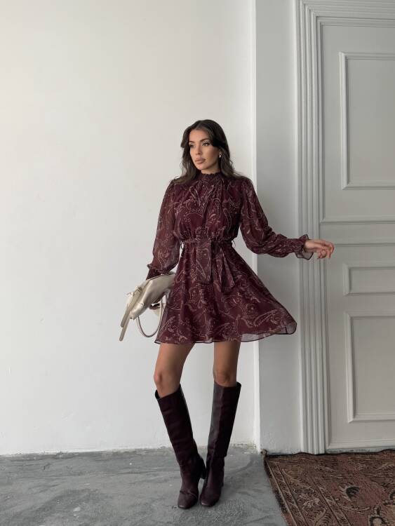 Pita Şifon Elbise - Bordo - 5