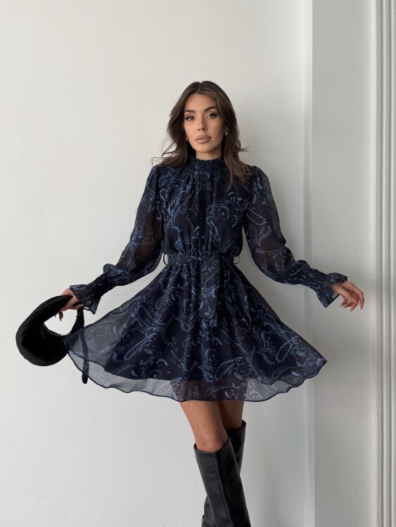 Pita Şifon Elbise - Lacivert - Sevenday