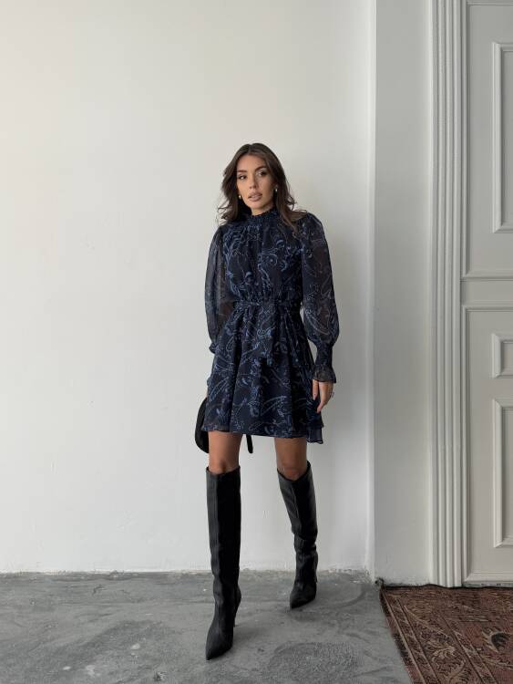 Pita Şifon Elbise - Lacivert - 5