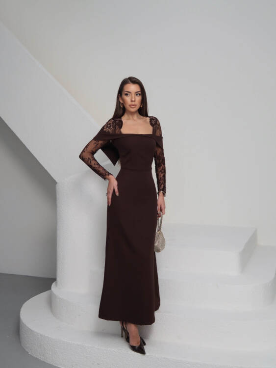 Sandrine Tül Kol Maxi Elbise - Acı Kahve - 1