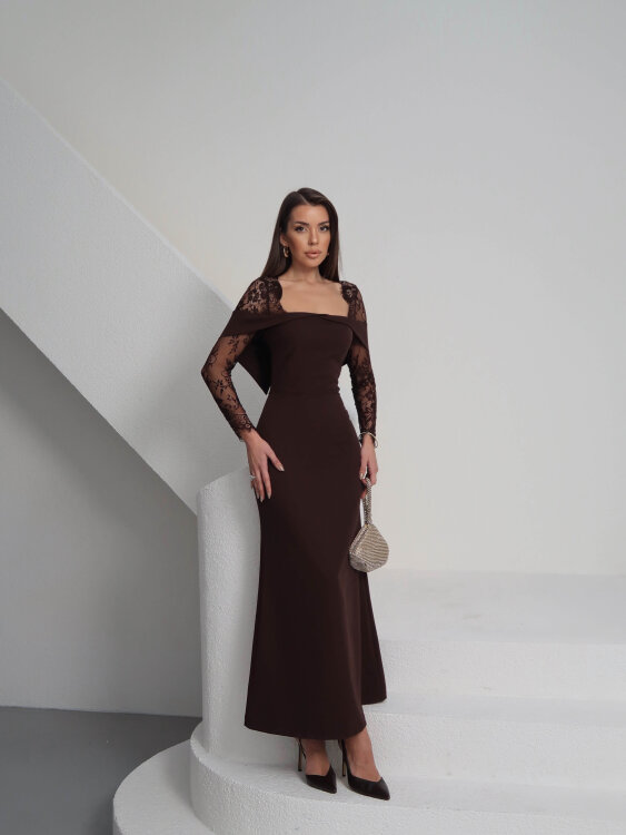 Sandrine Tül Kol Maxi Elbise - Acı Kahve - 2