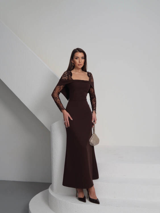 Sandrine Tül Kol Maxi Elbise - Acı Kahve - 2