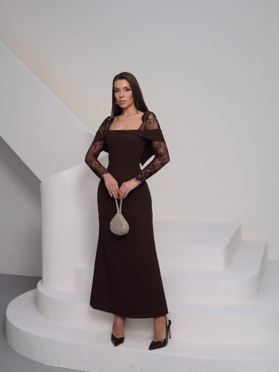 Sandrine Tül Kol Maxi Elbise - Acı Kahve - 4