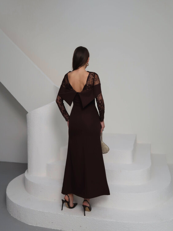 Sandrine Tül Kol Maxi Elbise - Acı Kahve - 5