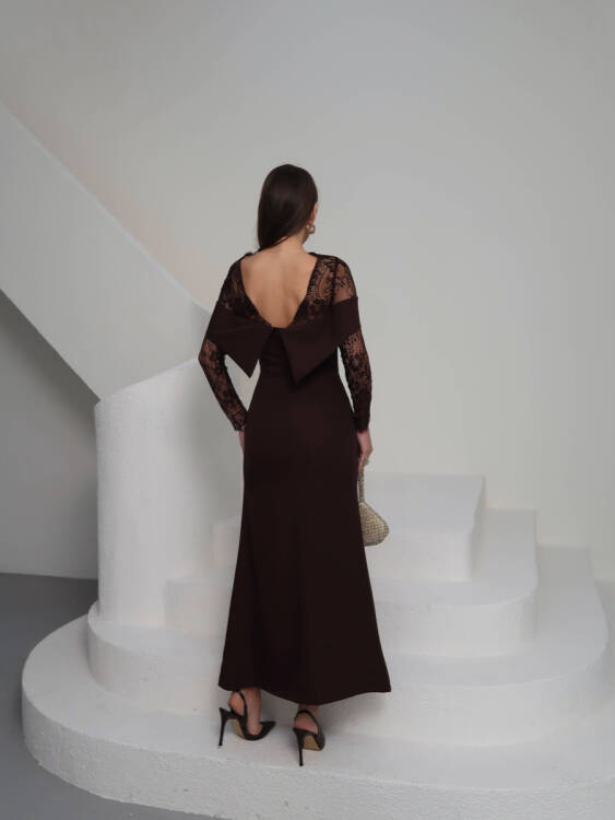 Sandrine Tül Kol Maxi Elbise - Acı Kahve - 5