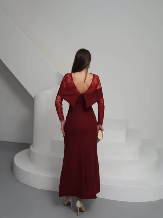 Sandrine Tül Kol Maxi Elbise - Bordo - 2