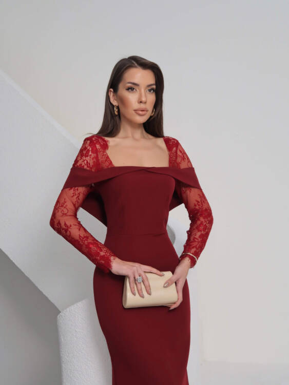 Sandrine Tül Kol Maxi Elbise - Bordo - 3