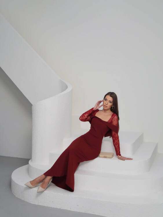 Sandrine Tül Kol Maxi Elbise - Bordo - 4