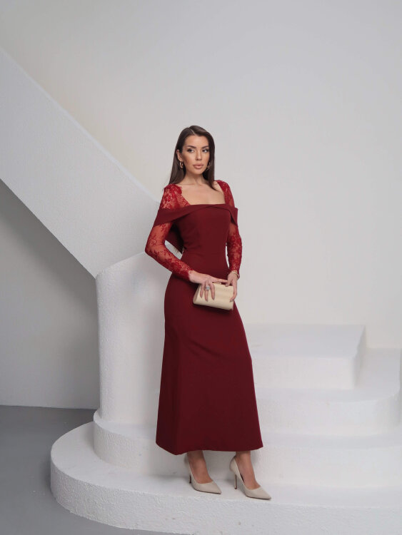 Sandrine Tül Kol Maxi Elbise - Bordo - 1