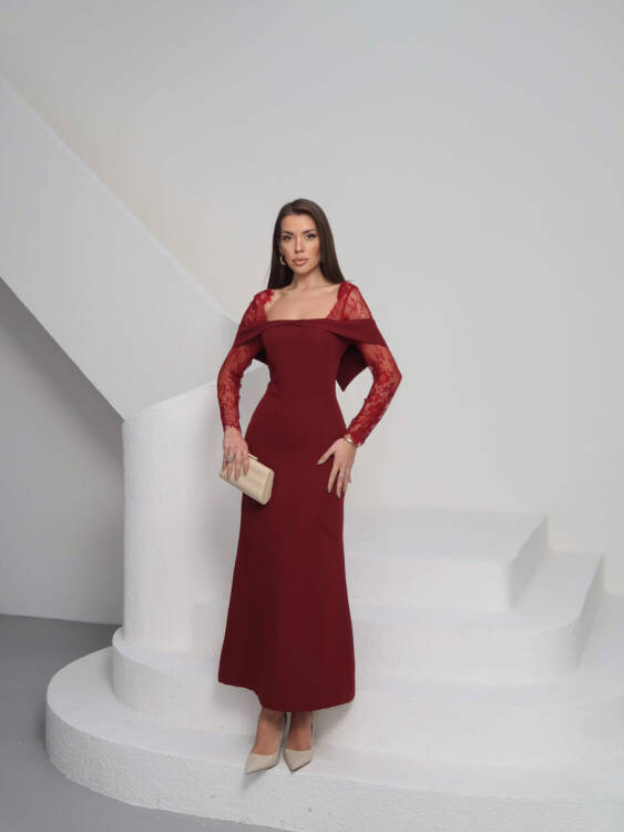 Sandrine Tül Kol Maxi Elbise - Bordo - 6